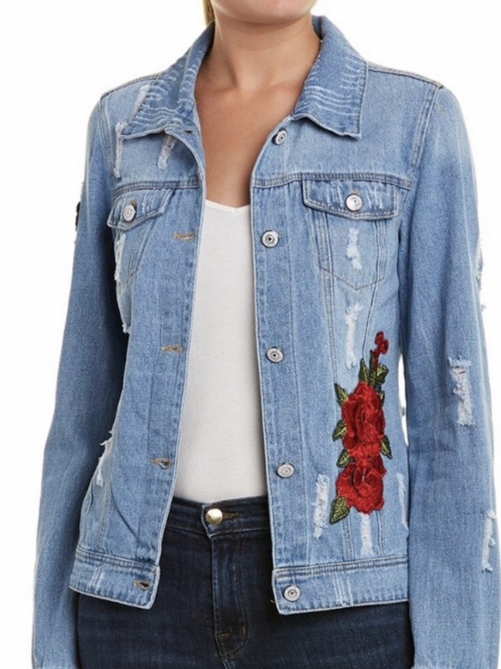 Elan Light Blue Denim Jacket with rose appliqués - medium 🌹
